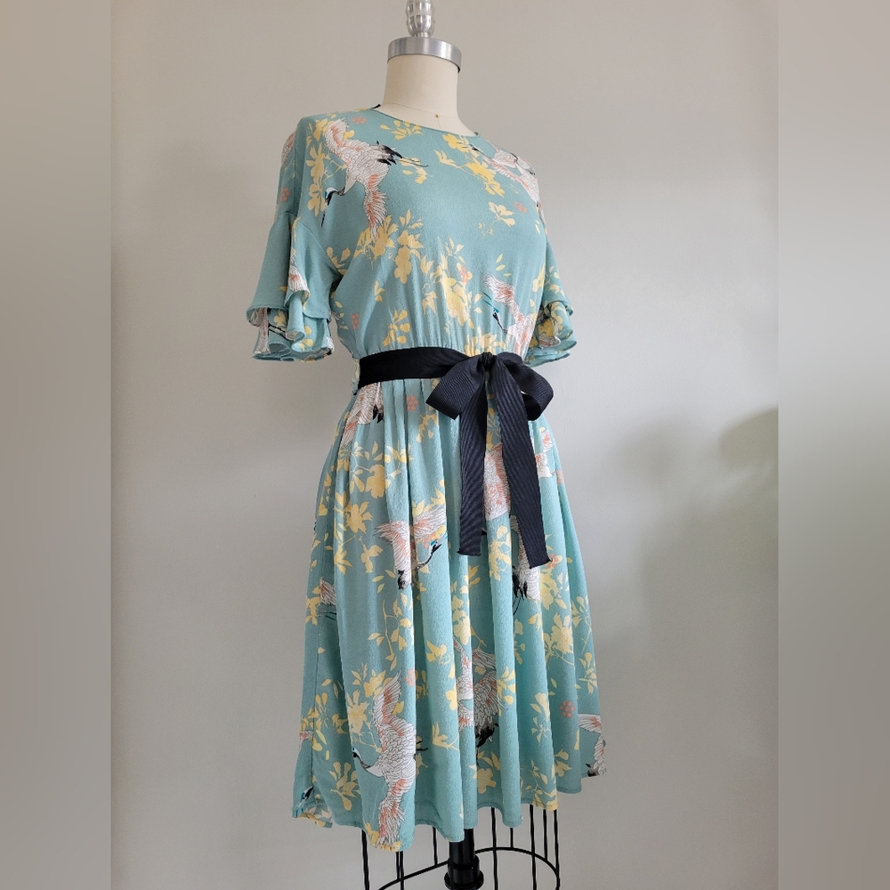 ZARA green dress with bird print, flutter sleeves and back cutout